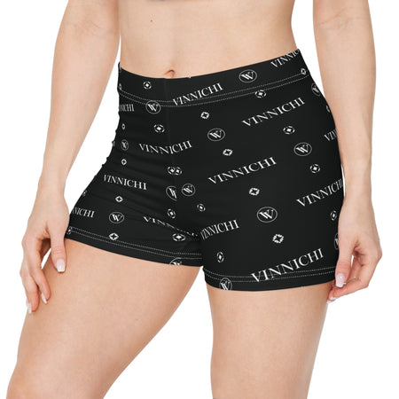 Vinnichi Monogram Women's Logo Shorts — Black All-Over Print Athletic Shorts