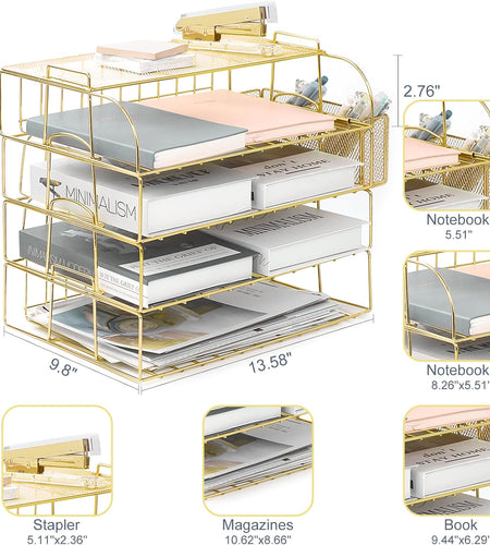 TNELTUEB 6 Tier Stackable Letter Tray, Rose Gold File Organizer Desk Organizers and Accessories for Women with 1 Upper Display Shelf for School