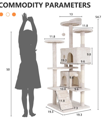 54-In Double Condo Cat Tree Tower Playhouse with Scratching Post & Perch for Indoor, Beige