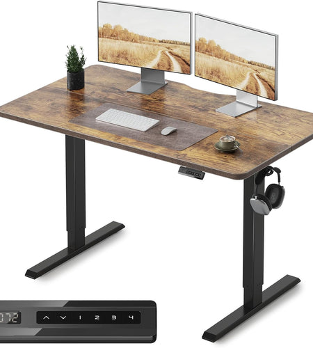 Height Adjustable Electric Standing Desk, 48 X 24 Inches Stand up Table, Sit Stand Home Office Desk with Splice Board, Black Frame/Rustic Brown Top