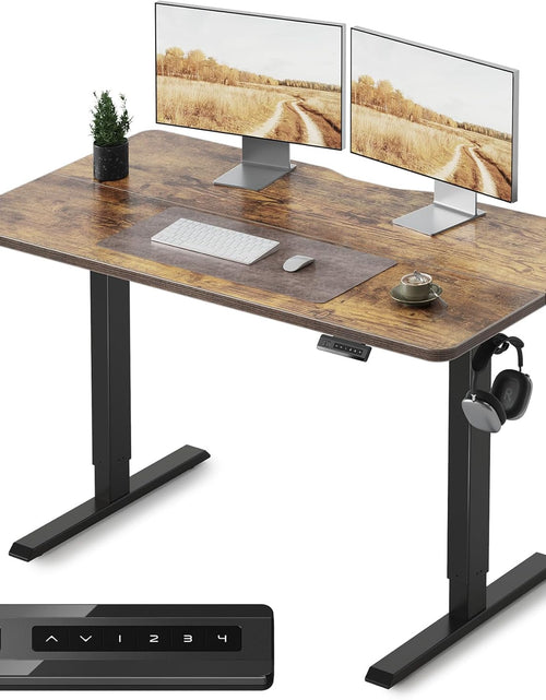 Load image into Gallery viewer, Height Adjustable Electric Standing Desk, 48 X 24 Inches Stand up Table, Sit Stand Home Office Desk with Splice Board, Black Frame/Rustic Brown Top
