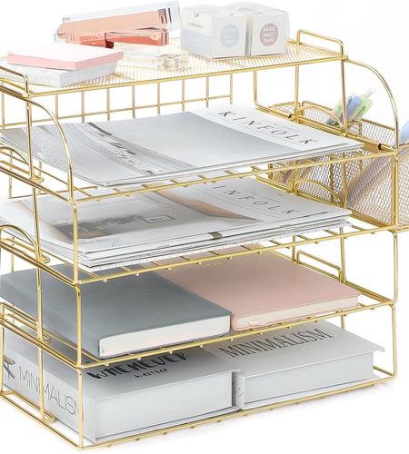 TNELTUEB 6 Tier Stackable Letter Tray, Rose Gold File Organizer Desk Organizers and Accessories for Women with 1 Upper Display Shelf for School