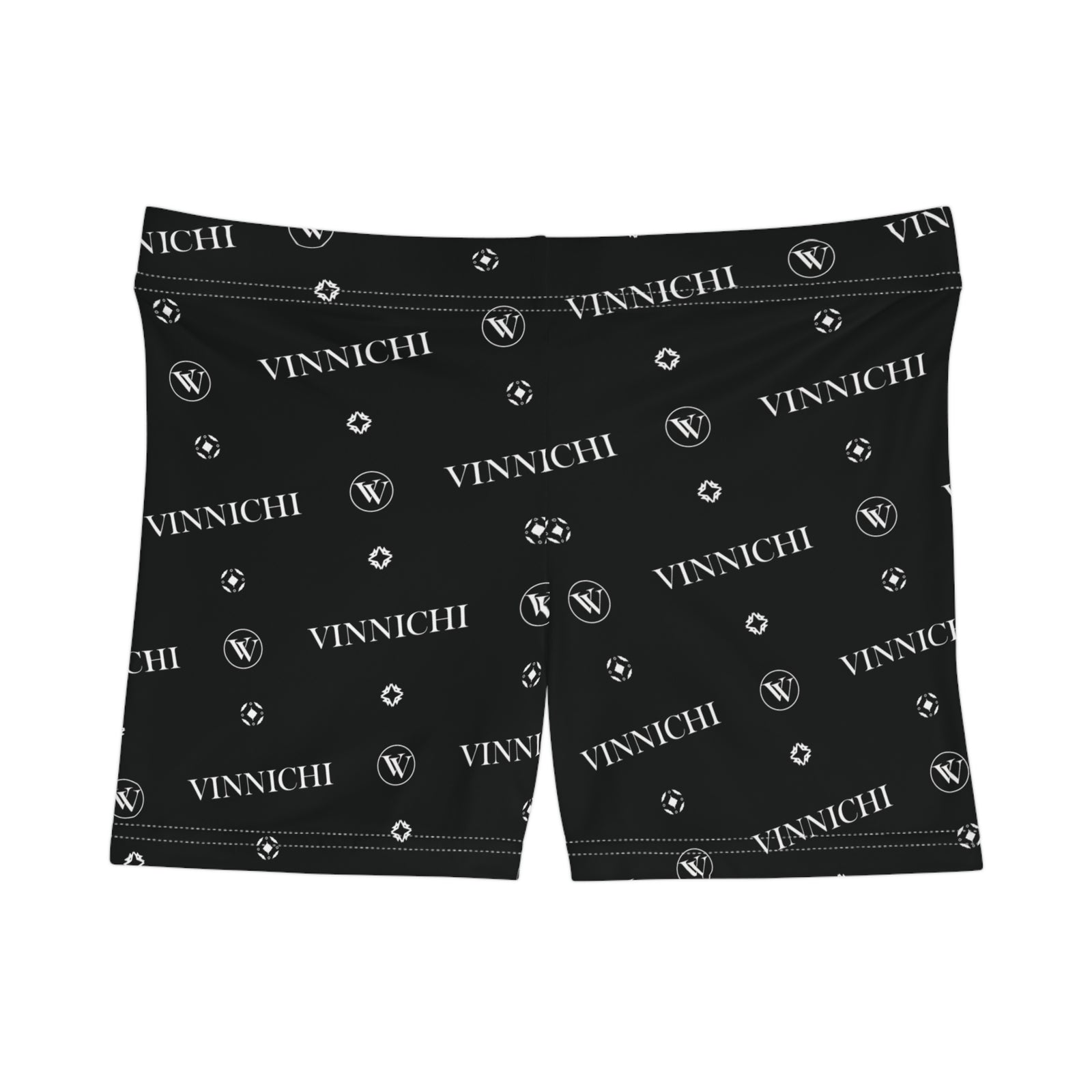 Vinnichi Monogram Women's Logo Shorts — Black All-Over Print Athletic Shorts