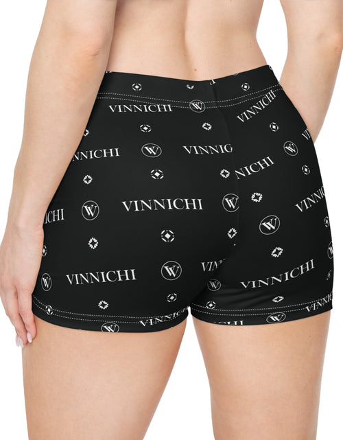 Load image into Gallery viewer, Vinnichi Monogram Women's Logo Shorts — Black All-Over Print Athletic Shorts

