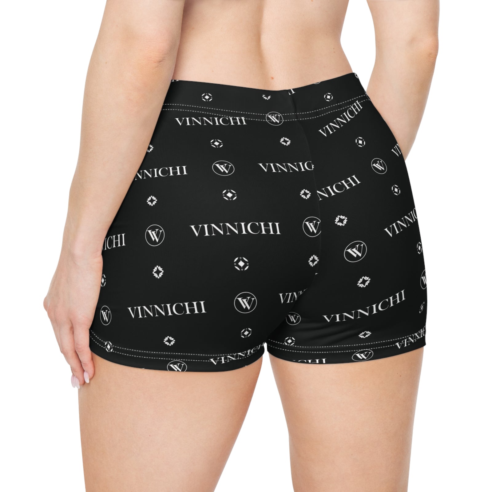 Vinnichi Monogram Women's Logo Shorts — Black All-Over Print Athletic Shorts