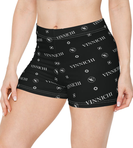 Vinnichi Monogram Women's Logo Shorts — Black All-Over Print Athletic Shorts