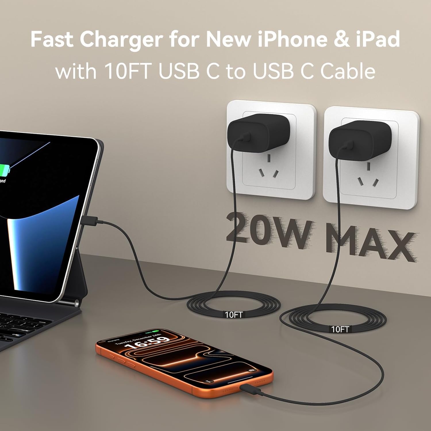 Iphone 15 Charger Fast Charging, [Mfi Certified] 10 FT Long USB C to C Charging Cable Cord with 20W Iphone Fast Charger Block for Iphone 15/15 Pro/15 Pro Max/15 Plus,Ipad Pro 12.9/11 In,Ipad Air 5/4