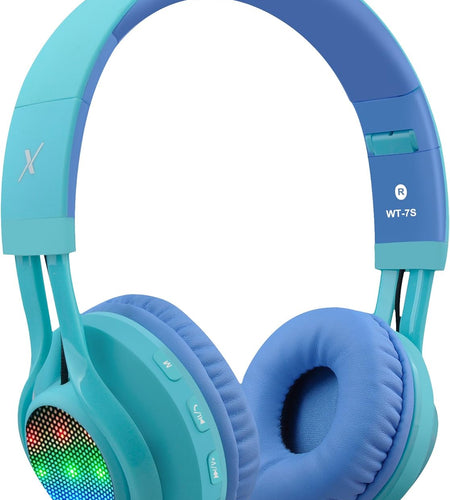 WT-7S Kids Bluetooth Headphones, LED Light up Wireless Foldable Stereo Headset with Microphone and Volume Control for Pc/Iphone/Tv/Ipad (Blue)