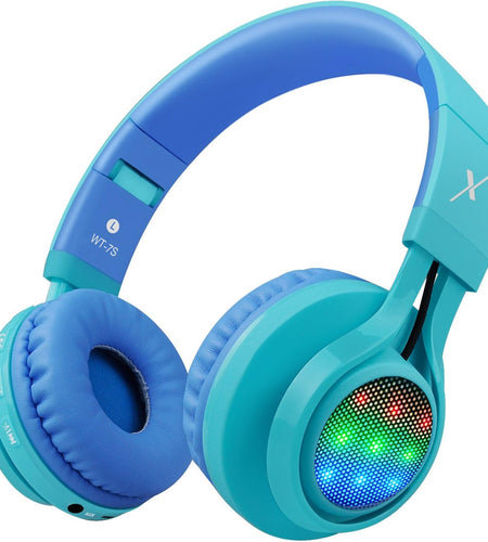 WT-7S Kids Bluetooth Headphones, LED Light up Wireless Foldable Stereo Headset with Microphone and Volume Control for Pc/Iphone/Tv/Ipad (Blue)