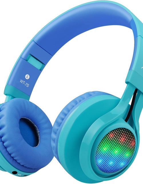 Load image into Gallery viewer, WT-7S Kids Bluetooth Headphones, LED Light up Wireless Foldable Stereo Headset with Microphone and Volume Control for Pc/Iphone/Tv/Ipad (Blue)
